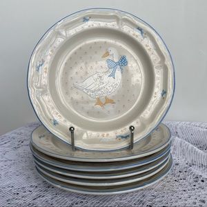 •Vintage• 6, “Aunt Rhody” by Brick Oven Stoneware Plates; Goose & Blue